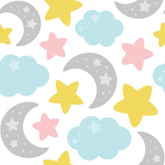 Moon, Sun, Cloud and Stars Cute Seamless Pattern, Cartoon Vector Illustration, Cute Kawaii Cartoon Drawn Background, Isolated Background - 647563263