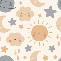 Moon, Sun, Cloud and Stars Cute Seamless Pattern, Cartoon Vector Illustration, Cute Kawaii Cartoon Drawn Background, Isolated Background - 647563264