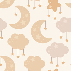 Moon, Sun, Cloud and Stars Cute Seamless Pattern, Cartoon Vector Illustration, Cute Kawaii Cartoon Drawn Background, Isolated Background - 647563470
