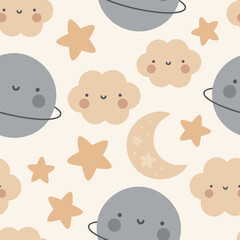 Moon, Sun, Cloud and Stars Cute Seamless Pattern, Cartoon Vector Illustration, Cute Kawaii Cartoon Drawn Background, Isolated Background