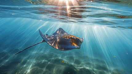 a stingray swimming in blue water. generative ai
