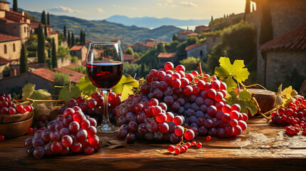 red wine glass and grapes on Wooden Table in Tuscany - obrazy, fototapety, plakaty