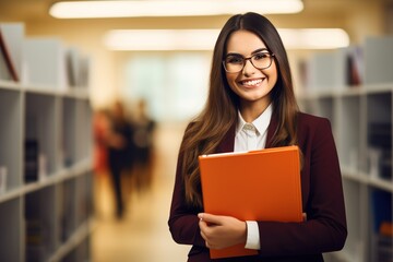Fototapeta premium Attractive young Businesswoman holding a large open binder as she looks at the camera with a sweet friendly smile. Generative AI
