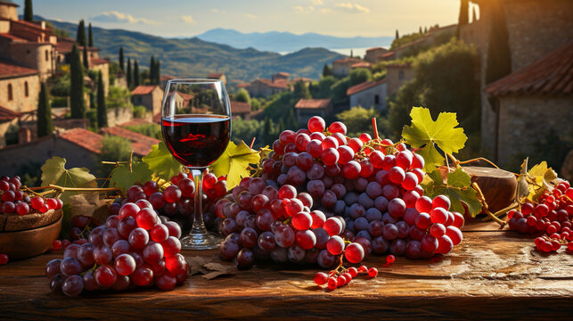 Red Wine Glass And Grapes On Wooden Table In Tuscany