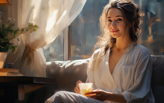 Artistic shot of a young woman sitting relaxed on a sofa, smiling in the morning light