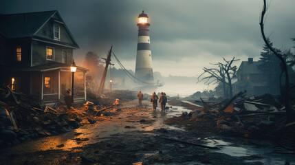 Rescue workers aiding stranded residents in a devastated coastal town post-hurricane - obrazy, fototapety, plakaty