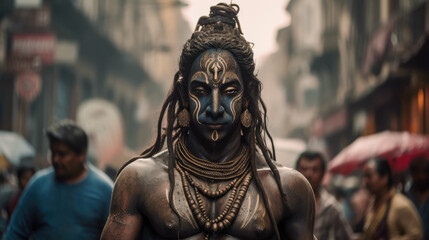 Tall, dark figure in Lord Shiva costume walking on the street, embodying Hindu devotion
