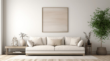 Fototapeta na wymiar Rustic interior design of modern living room with beige fabric sofa and cushions. White wall with frame and space for text 