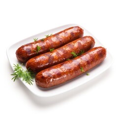 Juicy fresh sausage on a white background. Generative AI.