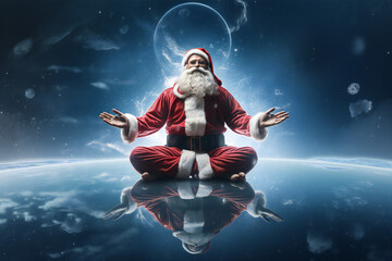 Santa Claus in a Yoga Meditative Pose: A Whimsical Take on Holiday Stress Relief,Ideal for holiday health and wellness campaigns, Christmas promotions, or for a fun and approach to holiday stress - obrazy, fototapety, plakaty
