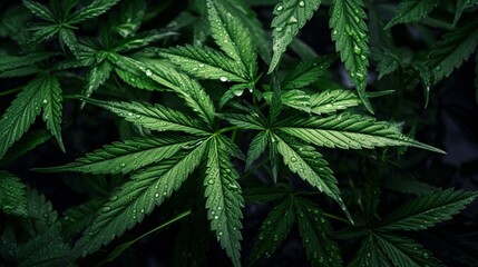 Drug legalization background - Closeup of  marijuana leaves, cannabis plants, top view - obrazy, fototapety, plakaty