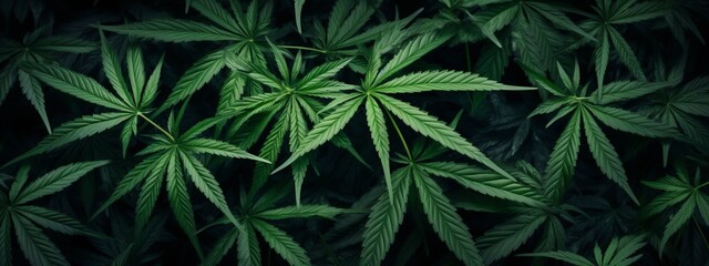 Drug legalization background - Closeup of  marijuana leaves, cannabis plants, top view