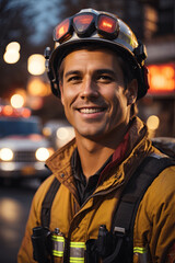 Smiling mig age attractive american firefighter wearing protective fire helmet standing on street during late fall sunset. Image created using artificial intelligence. - obrazy, fototapety, plakaty
