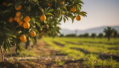 An orange tree is in the foreground with a farm field background.