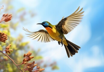 Olive backed sunbird, Yellow bellied sunbird flying in the bright sky. - obrazy, fototapety, plakaty