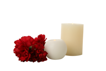 PNG, mourning candles with flowers, isolated on white background.