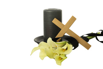 PNG, mourning candle with flowers and cross isolated on white background.