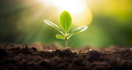 Small tree growing with sunshine in the garden. eco concept.