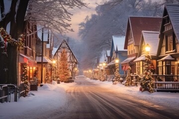 A charming small town covered in a fresh blanket of snow during the holiday season. - obrazy, fototapety, plakaty