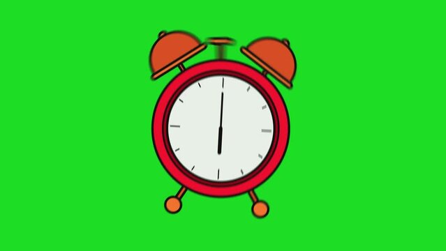 isolated vintage red alarm clock ringing animated cartoon, punctuality alert timer green screen