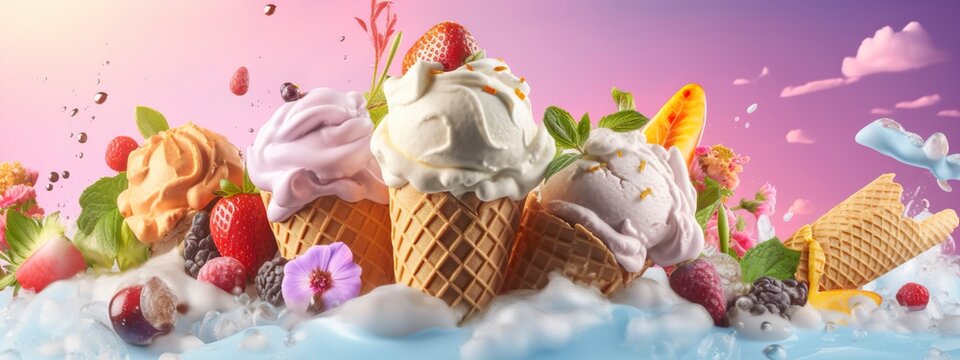 Banner with ice cream in a waffle cone on a summer day.