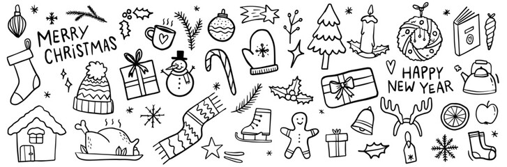 Merry Xmas and a happy new year doodle set. Cosy December winter collection for the holidays.  © Lisa