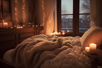 A cozy bedroom with a warm, winter-themed decor, including plush blankets and fairy lights.