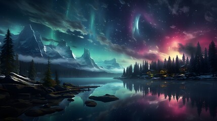 background, the winter aurora creates a stunning spectrum of colors in the night sky, including purple, green, and blue.
