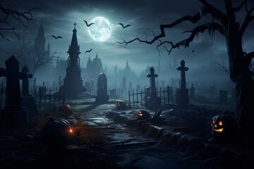 A spooky graveyard with mist and a full moon on Halloween night. 