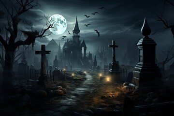 A spooky graveyard with mist and a full moon on Halloween night. 