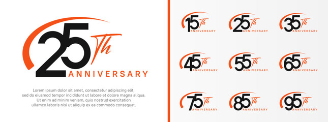 set of anniversary logo black color number and red swoosh on white background for celebration