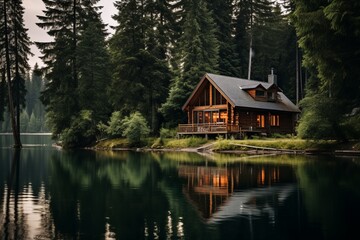 Obraz premium A tranquil lakeside cabin surrounded by towering pine trees.