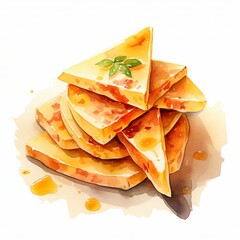 Watercolor cheese slices on a white background. types of cheese on a wooden table.