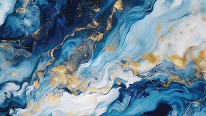 Abstract blue and white liquid watercolor marble background with golden dust. Cyan marble alcohol ink drawing effect. Vector illustration design template for wedding invitation, menu, rsvp, banner.