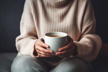 Hands of middle aged caucasian woman is sitting on the sofa with a mug of hot drink