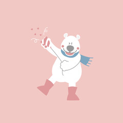 cute and lovely white polar bear with party popper, firecracker and confetti, happy valentine's day, love concept, flat vector illustration cartoon character costume design	