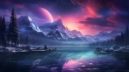 background, the winter aurora creates a stunning spectrum of colors in the night sky, including purple, green, and blue. - obrazy, fototapety, plakaty