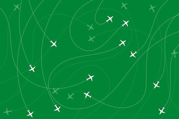 White plane, dotted curves overlap. Travel and holiday travel patterns. Green background.