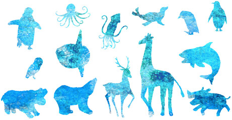 海と陸の動物シルエット キラキラした青色