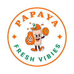 Sticker of character papya juice or smoothie in cartoon style. Isolated vector label of groovy fruit drink mascots in retro style on transparent background for logo, emblem and your design