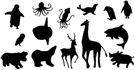 海と陸の動物シルエット 黒