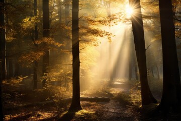 Golden sunlight filtering through a dense forest canopy in autumn.