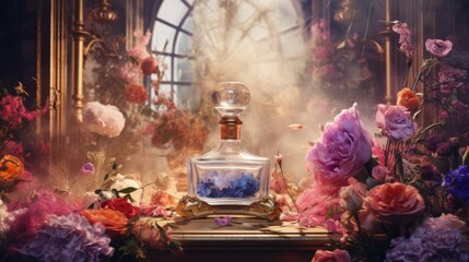 luxury perfume surrounded by colorful flower petals and abstract colorful decoration