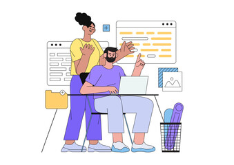 Team communication, meeting and project management concept. Successful cooperation, project discussion, interaction of employees at work. Workflow and job organization in modern company.