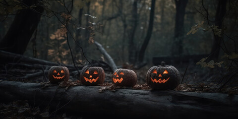 Illuminated halloween pumpkins on an old table. Generative AI. - obrazy, fototapety, plakaty