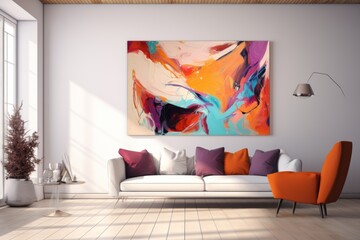 modern living room interior with sofa and a colorful abstract picture hanging on the wall