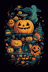 Artistic painting of Halloween background with pumpkins in scary world. Generative AI.