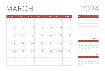 Monthly page Calendar Planner Templates of March 2024 with note. Vector layout of simple calendar with week start Monday for print. Page for size A4 or 21x29.7 cm