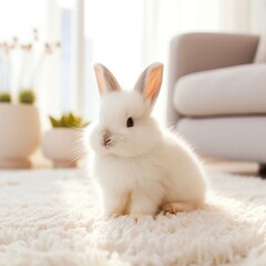 Bunny sitting on a white carpet.