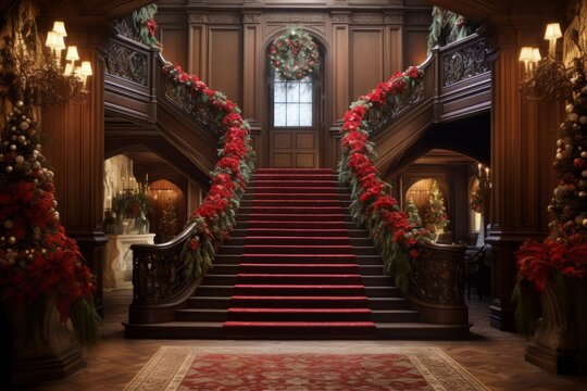 Beautifully Decorated Foyer,  Grand Staircase Is Swathed In Christmas Garlands And Twinkling Lights. A Majestic Chandelier Overhead Casts A Warm Glow On The Carefully Arranged Poinsettias And Wreaths